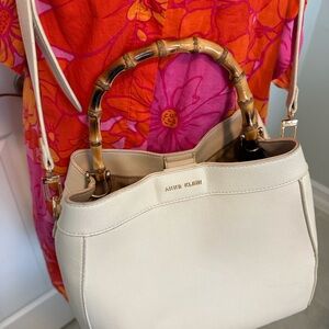 Anne Klein Cream Shoulder Bag with Bamboo Accent with matching makeup rattan bag
